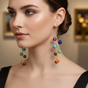 7 Chakra earrings, long dangle earrings with imitation gemstones. Length: 8.9 cm